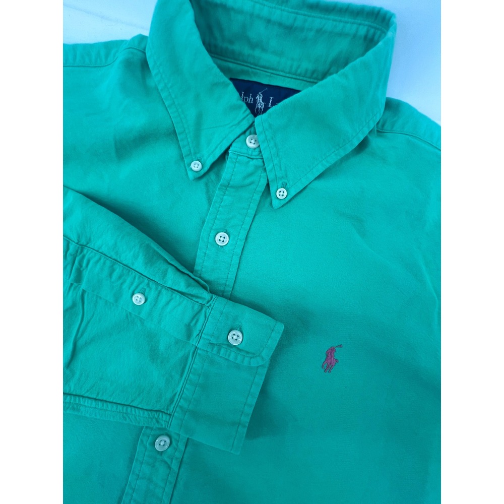 Ralph Lauren Mens Oxford Button Down Shirt Green Purple Pony Logo Size M Long S